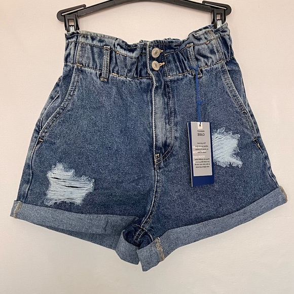 High Waisted Denim Shorts Elastic Waist Cuffed Hem Distressed Blue High Rise - Picture 1 of 7